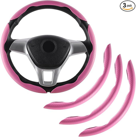 Amiss 3pcs Carbon Fiber Anti-Skid Steering Wheel Cover, Waterproof & Segmented Butterfly Design, Universal 99% Vehicle Wheel Cover Protector, Car Interior Accessories (Pink-3pcs)