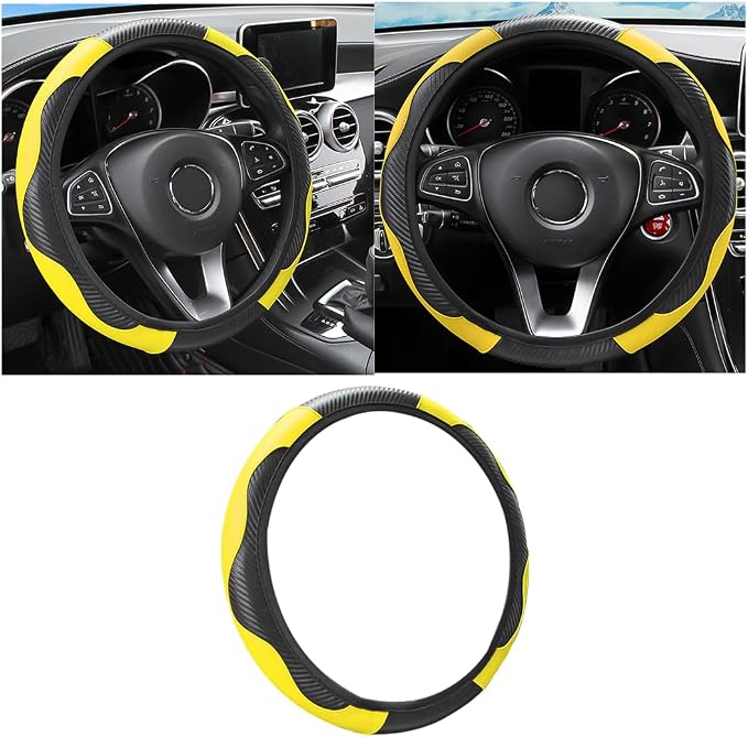 Osilly Car Steering Wheel Cover, 15 inch Carbon Fiber Microfiber PU Leather Elastic Steering Wheel Protector for Men Women, Anti-Slip Breathable Car Interior Accessories for Most Cars (Yellow)