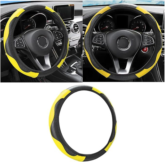 Osilly Car Steering Wheel Cover, 15 inch Carbon Fiber Microfiber PU Leather Elastic Steering Wheel Protector for Men Women, Anti-Slip Breathable Car Interior Accessories for Most Cars (Yellow)