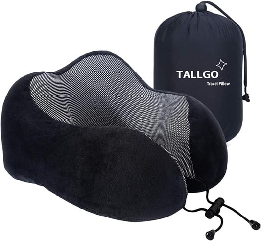 TALLGO Travel Pillow, Best Memory Foam Neck Pillow Head Support Soft Pillow for Sleeping Rest, Airplane Car & Home Use (Black)
