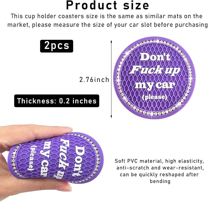 2 PCS Bling Car Cup Coaster, 2.75 Inch Anti-Slip Cup Holder Insert Coasters, Crystal Rhinestone Auto Drink Car Cup Mat for Women Girls, Universal Interior Car Accessories (Purple)