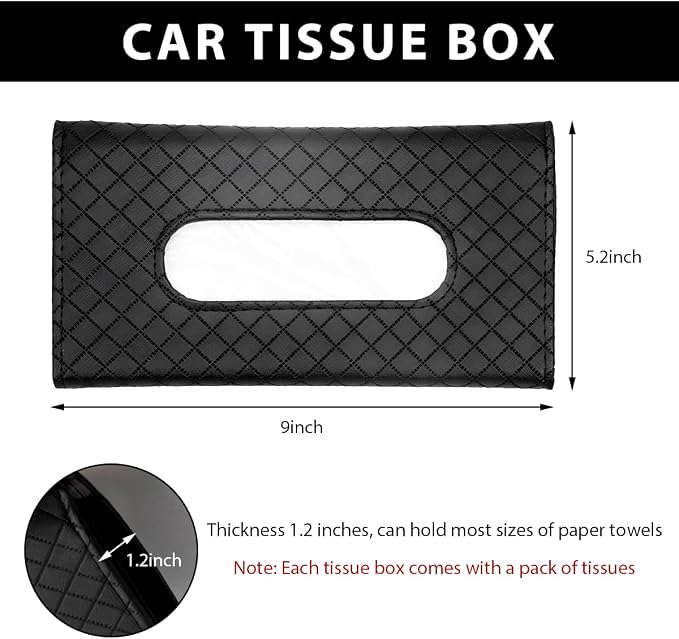 Car Tissue Holder, Leather Sun Visor Hanging Napkin Holder with Tissue Refill, Clip-On Visor Mask Dispenser Premium Paper Towels Case for Vehicles, Universal Car Accessories (Black)