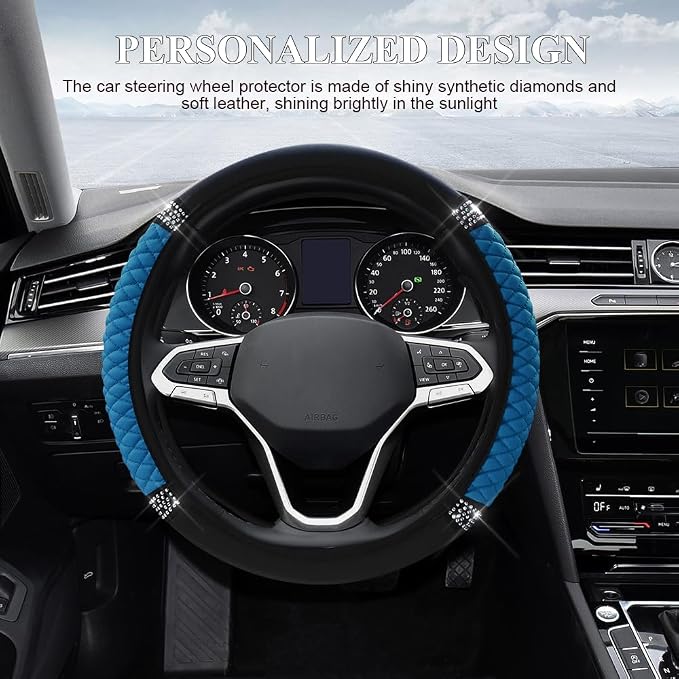 Bling Soft Leather Steering Wheel Cover, 15 Inch Colorful Rhinestones Auto Elastic Steering Wheel Protector for Women Girls, Car Accessories Anti Slip Steering Wheel Cover for Cars, SUVs (Blue)