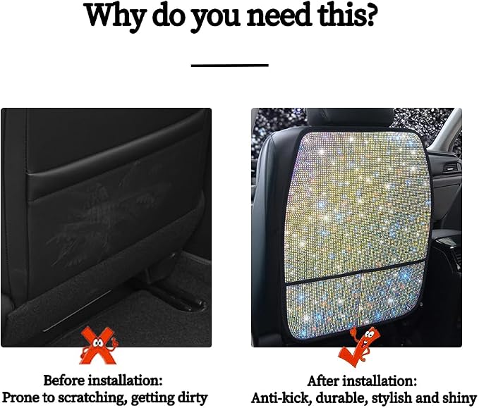 Diamond Bling Car Seat Kick Protectors with Storage – Sparkly Rhinestone Kick Mats, Universal Back Seat Cover for SUV, Crystal Auto Accessories for Stylish Moms Color 2pcs