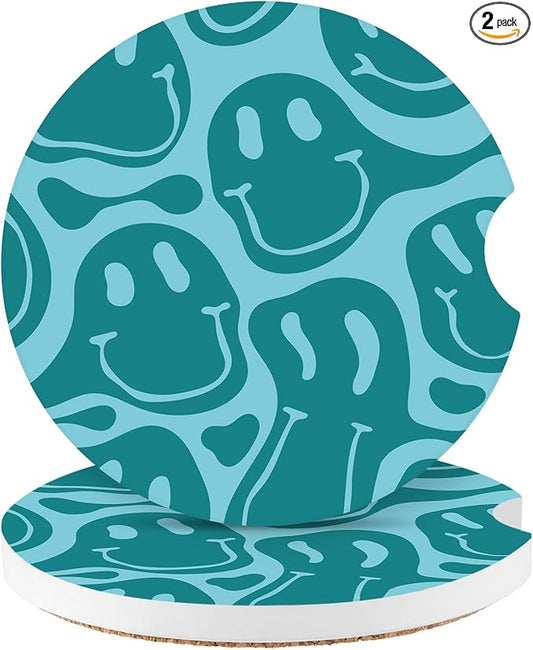 Car Coasters,Purple Smily Absorbent 2 Pack for Cup Holders with Finger Notch,2.56 inches Ceramics Heat Resistant Anti Slip Cork Base Car Drinks Coasters Auto Cup Holder(Blue-Green Smiley face)