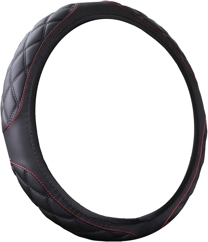 15 Inch Car Leather Steering Wheel Cover, Automotive Accessories Elastic Breathable Anti-Slip Soft Wheel Protector Fits Men and Women, Suitable for SUVs, Trucks, Vehicles and RVs (Black)