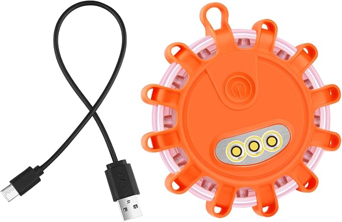 AK LED Road Flares Rechargeable Safety Flashing Warning Light Roadside Emergency Disc Beacon Kit for Vehicles Boats with Magnetic Base & Hook & USB Charging Cables (1 Pack)