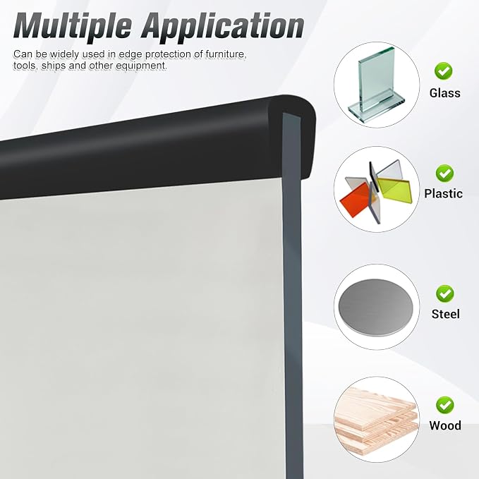 Rubber Edge Trim, 1/8" (3mm) Edge Trim, Flexible Self Adhesive U Channel Edge Protector for Glass, Mirror, Plywood, Steel Panel Sharp Edges, U Shaped Peel and Stick Trim, Black Color, 10Ft
