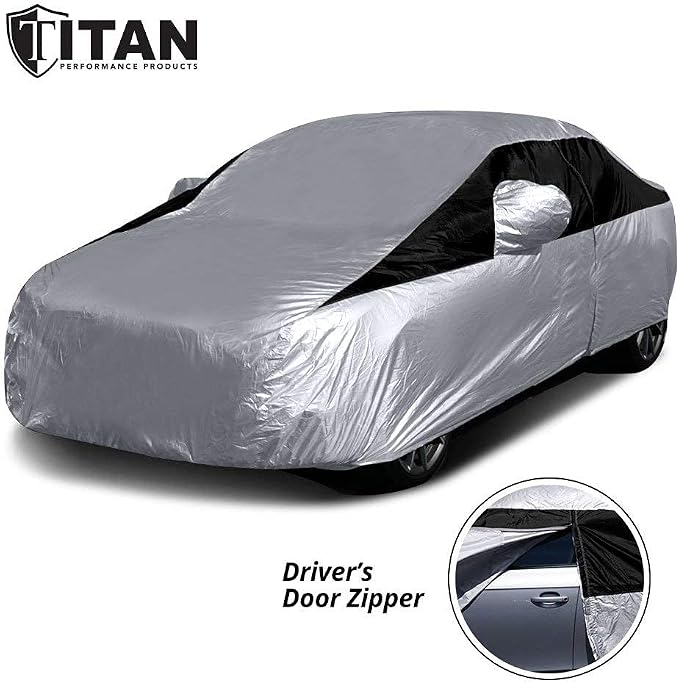 Titan Lightweight Poly 210T Car Cover for Compact Sedans 176-185". Waterproof, UV Protection, Scratch Resistant, Driver-Side Zippered Opening. Fits Corolla, Sentra, Cruz and More.