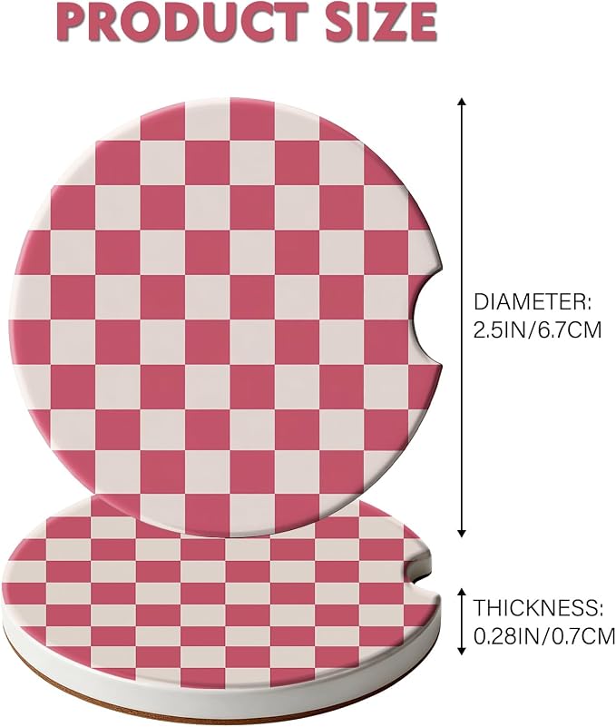 2 Pack Car Coasters for Cup Holders, Absorbent Ceramic Cup Coaster with Cork Base and Finger Notch, Cute Car Accessories Interior for Women Men (Grid-Pink)
