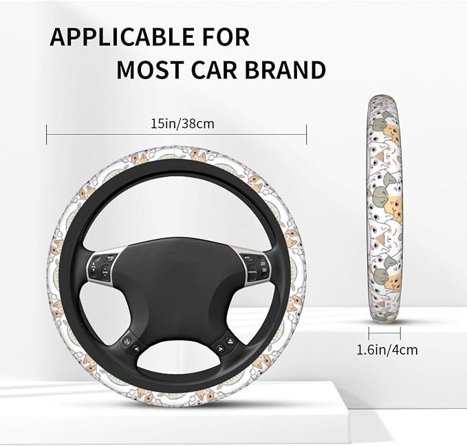 Cat Steering Wheel Cover Anti-Slip Universal for 14.5-15 Inch Car Steering Wheel Cover Women with 2 Pieces Car Coasters Suitable for Men Women