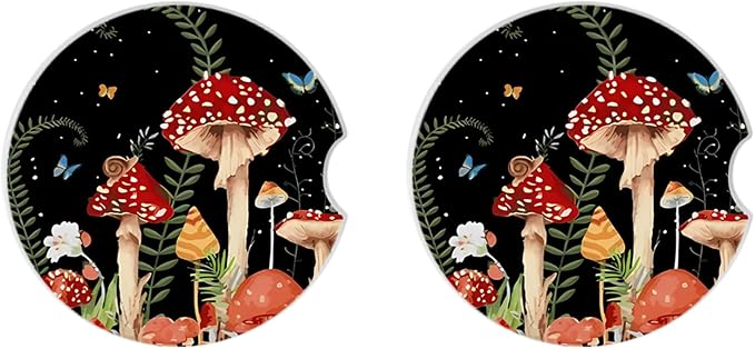 2 Pack Cute Mushroom Pattern Absorbent Car Coasters for Cup Holders,2.56" Ceramic Coasters with Cork Back and Finger Slot,Auto Accessories for Women & Men.