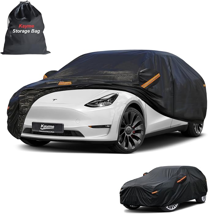 Kayme 7 Layers Car Cover Custom Fit for Tesla Model Y, Waterproof All Weather for Automobiles, Outdoor Full Car Cover Sun Rain UV Snow Protection.with Zipper and Charging Port. Black