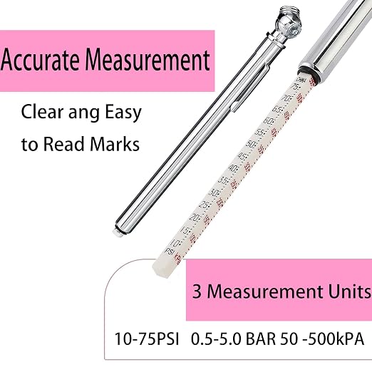 PINKJOY Pencil Tire Pressure Gauge (10-75PSI) Stainless Steel Body and Metal Made Nozzle 3 Measurements for Vehicles (5 Pack)