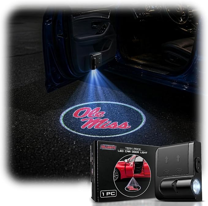 Sporticulture American Football Ole Miss Car Door Lights Logo Shadow Display - Officially Licensed NCAA Car Accessories - Show Your Team Pride - Battery Powered, Universal Fit