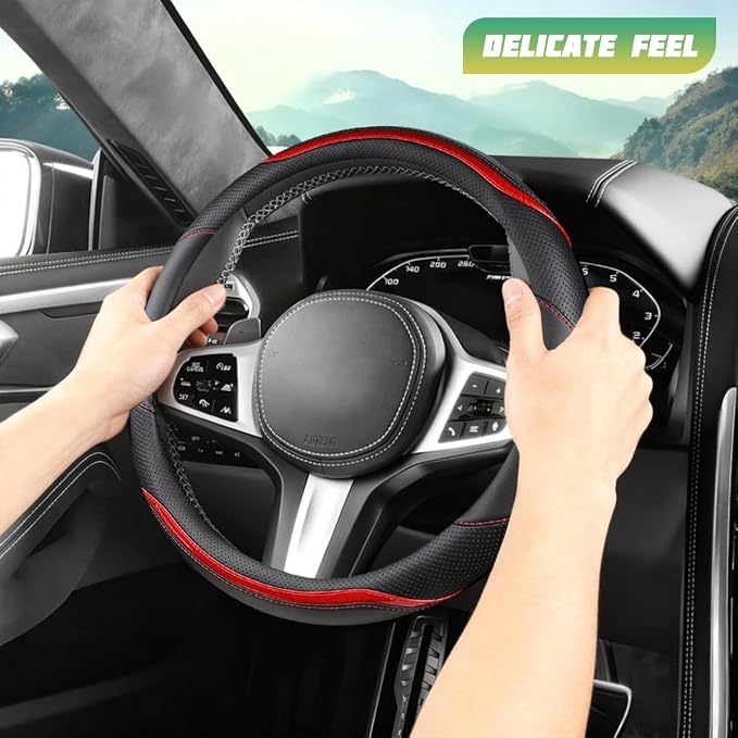 Car Steering Wheel Cover, Carbon Fiber Breathable Vehicle Steering Wheel Cover Wrap with Anti-Slip Lining, Automotive Interior Decorative Accessories, Universal for SUV RV Truck (Red)
