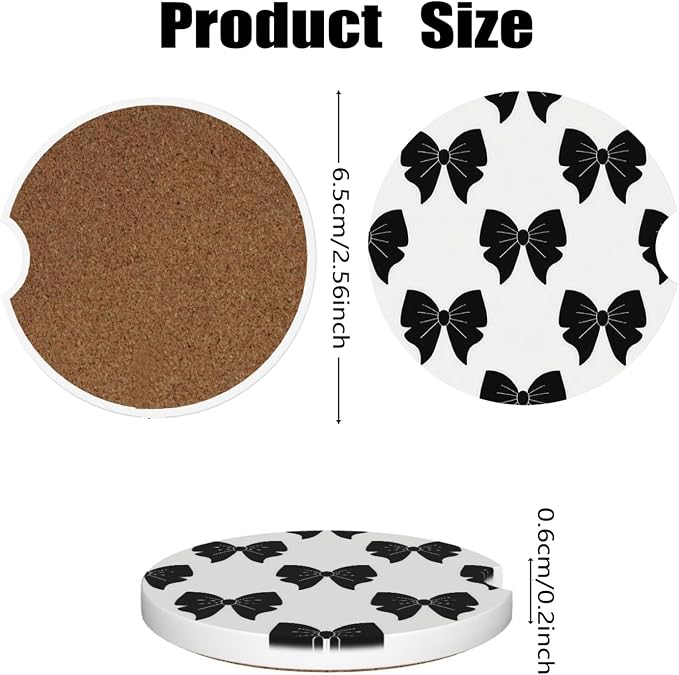 Ceramic Car Cup Coasters 2PCS - Black Bow | with Cork Back & Finger Slot, Anti-Slip Shock Absorbing, Universal Car Interior Accessories for Men Women
