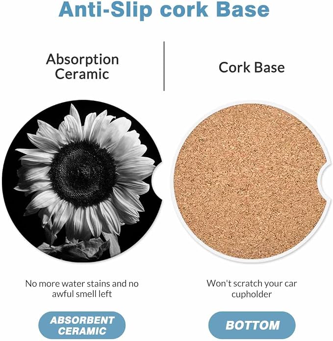 Sunflower Car Cup Holder Coaster 2 Pack Absorbent Ceramic Car Coasters for Cup Holders Car Accessories Interior for Women Men Universal Anti Slip Cork Base Cup Coasters with Finger Notch