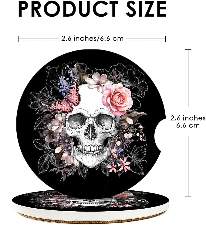 Britimes Car Coasters for Drinks Absorbent, 2 Pack Cup Holders, 2.56" Ceramic Stone & Non-Scratch Cork Base Coasters Cupholder, Auto Accessories for Women & Men, Skull Flowers Vintage Rose Floral