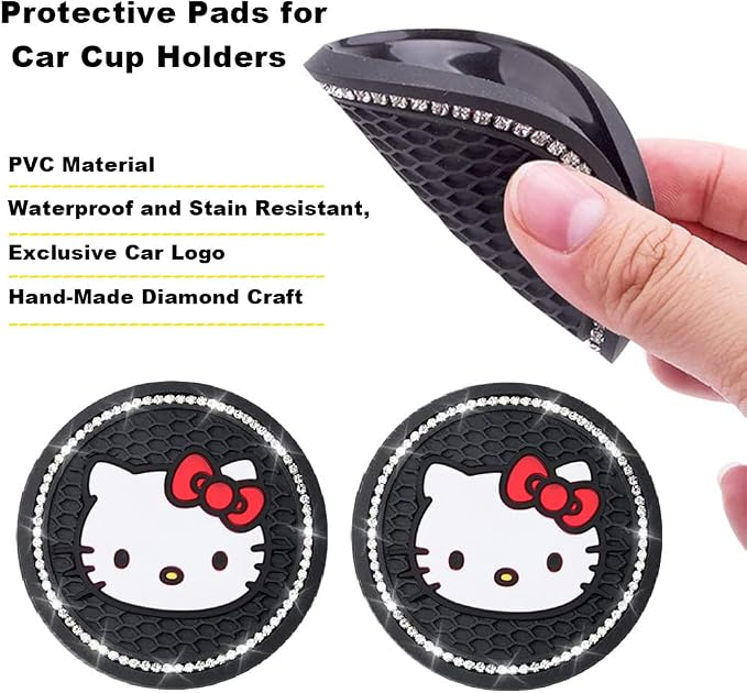 2PCS Cute Kitty Cup Holder Coasters, Black Silicone Anti-Slip Car Coasters,Cup Pads for Home Office,Universal 2.75 Inch