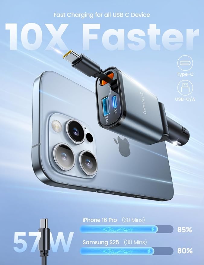 Lamicall Car Charger USB C for iPhone 17 16 15 Fast Charging [60% More Compact] 57w Type C Retractable Car Charger Fit Samsung Galaxy S25 S24 Ultra Pixel Android, Car Accessories Gifts for Men Women