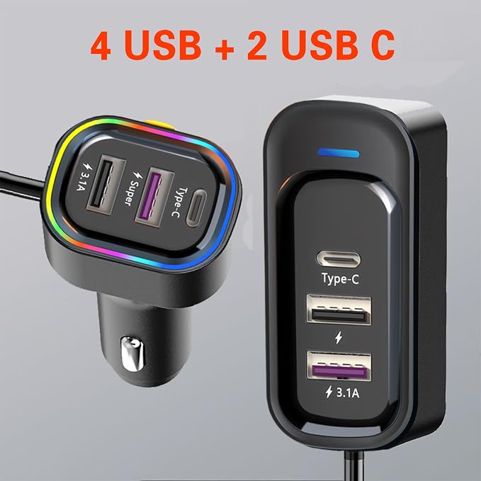 USB C Car Charger, Cigarette Lighter USB Charger, 81W Multiport 6-Port 5FT | PD & QC3.0 Fast Charger for Multiple Devices, Car Travel Essentials, Compatible with iPhone 15/16/17, Pad, Galaxy S24