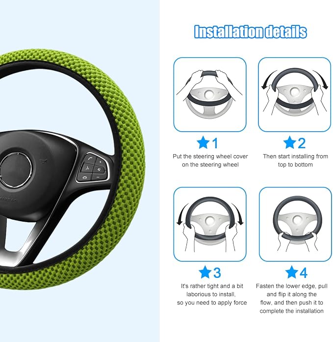 Car Elastic Stretch Steering Wheel Cover, 14.5-15" Breathable Ice Silk Anti-Slip Vehicle Steering Wheel Protector, Comfy Auto Interior Protection Accessories, Universal Fit (Grass Green)