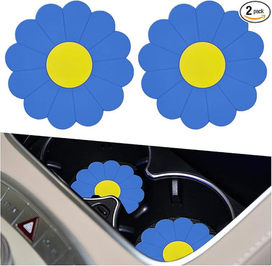 2PCS Car Cup Coaster, Flower Shaped Silicone Non-Slip Vehicle Drink Holder Insert Mat, Universal 2.75 Inch Waterproof Automotive Interior Decoration Beverage Pad Accessories (Blue)