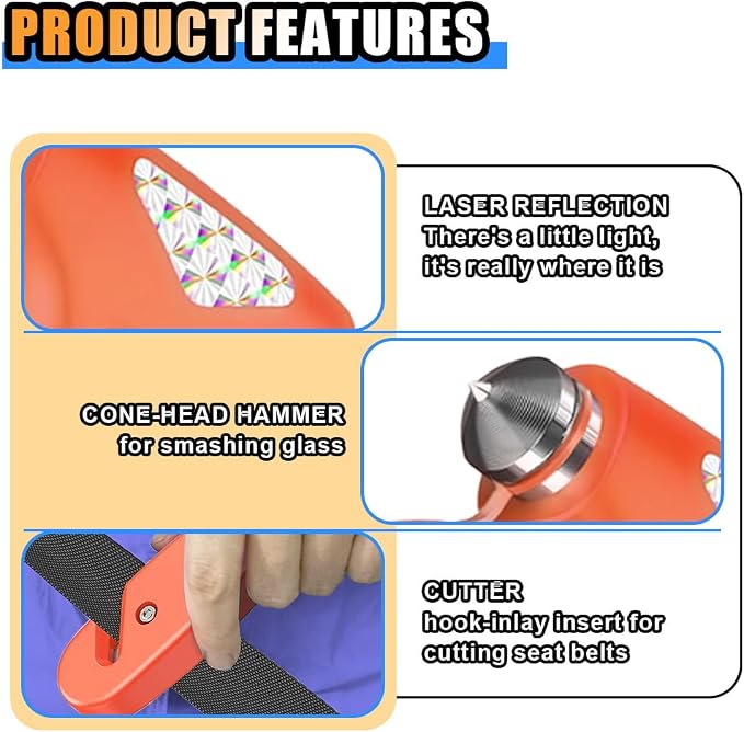 Car Safety Hammer, 3-in-1 Car Emergency Escape Tool with Window Breaker & Seat Belt Cutter, Car Emergency Kit Gadgets for Car, Office, Home (Orange, 2pcs)