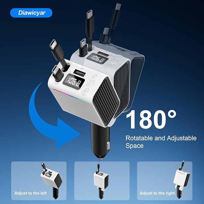 45W FM Transmitter Bluetooth Car Adapter, Wireless FM Bluetooth Transmitter | [PD 30W & QC3.0] Retractable Car Charger, Hands-Free Calling, White