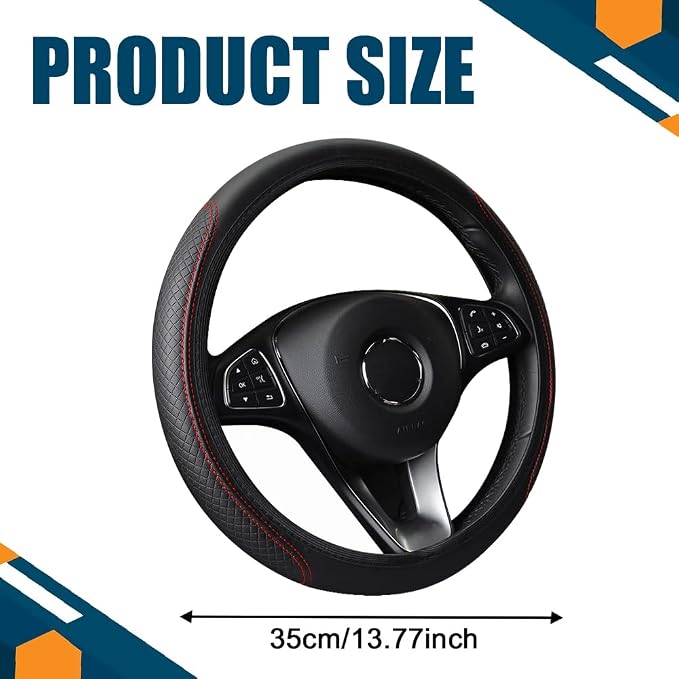Car Steering Wheel Cover, Universal 14.5-15 Inch Black Leather Steering Wheel Wrap with Better Sport Grip for Men Women, Anti-Slip Breathable Car Interior Accessories for Most Vehicless (Black red2)