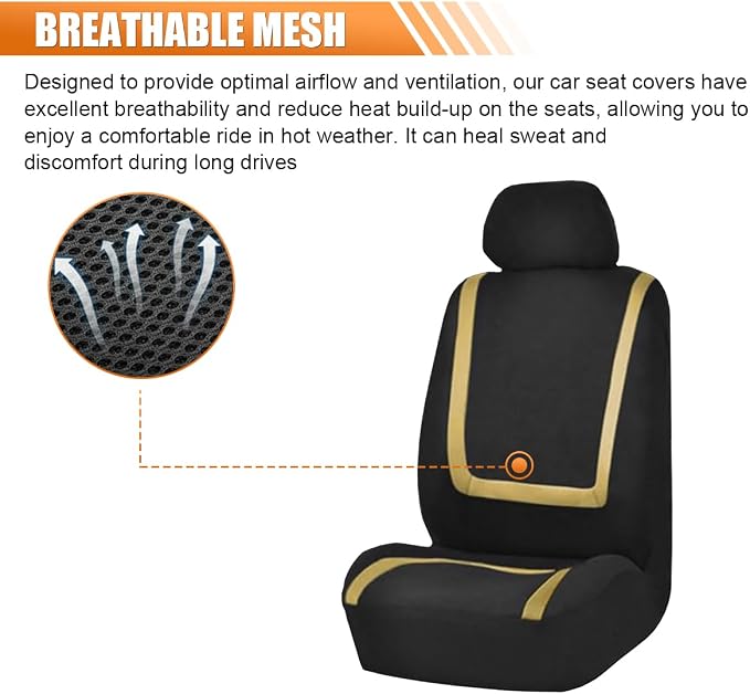 Car Seat Covers, Breathable Comfortable Automotive Seat Protectors, Anti-Slip 2 Front Seats Covers Airbags Compatible, Universal Washable Vehicle Accessories for Car, Truck, SUV (Black/Beige)