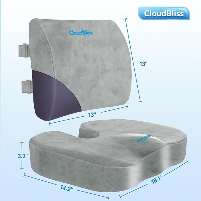 CloudBliss Lumbar Support Pillow & Seat Cushion Set for Office Chair, Desk Chair, Wheelchair & Car – Memory Foam Back Support, Ergonomic Chair Cushions, Sciatica Pain Relief,Home Essentials,Light Grey