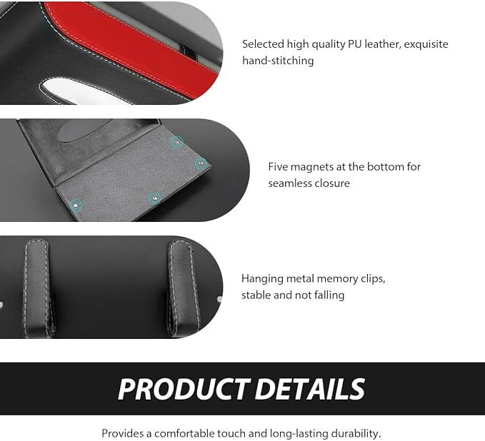 Car Tissue Holder, Rectangular Leather Sun Visor Napkin Case with Tissue Refill, Universal Mask Dispenser Hanging Paper Towel Organizer for Most Vehicles, Car Accessories (Black & Red)