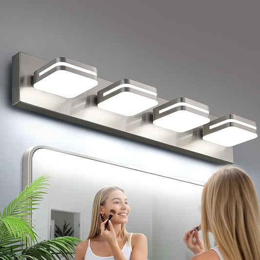 Torondo 360° Rotate LED Bathroom Vanity Light Fixtures, Acrylic Vanity Lights for Bathroom, Modern Wall Lighting Fixtures Over Mirror Living, Brushed Nickel, 100%-0% Natural White, 4-Light, 27-Inch