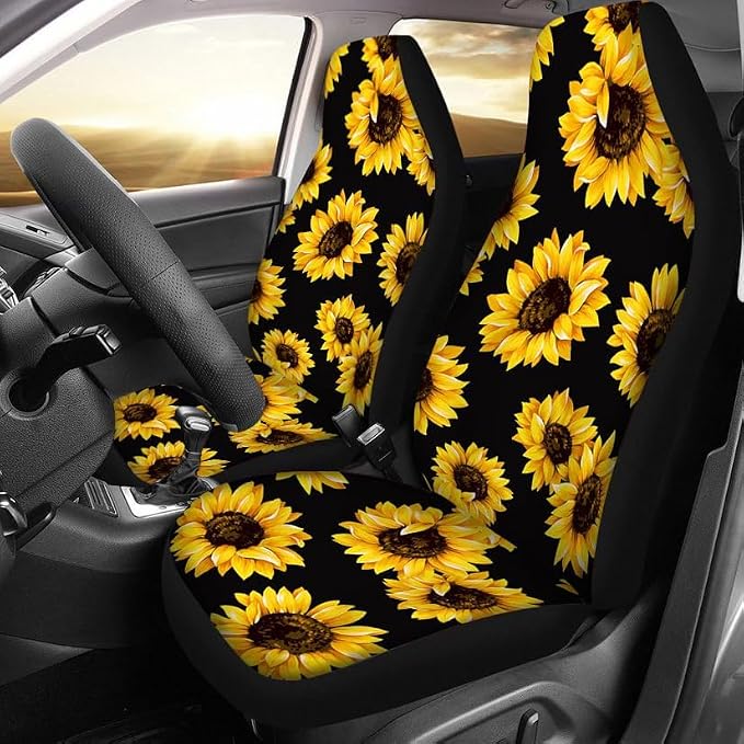 Car Front Seat Covers, Universal Sunflower PrintingCar Seat Protector Seat Cushion Full Cover Fit Most Car,Truck,SUV,Van (Sunflower-2PC)
