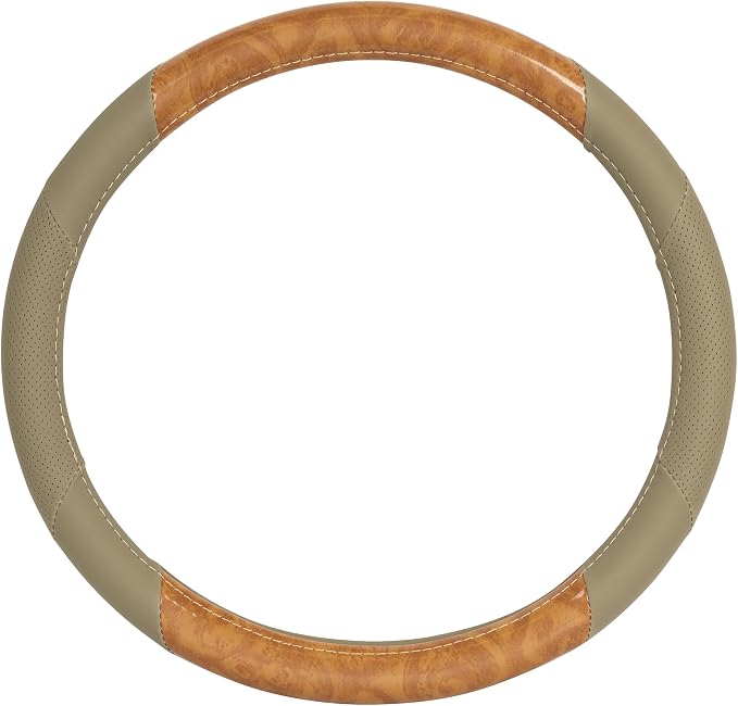 BDK BurlwoodLux Wood Grain and PU Leather Beige Steering Wheel Cover - Sport Grip for Car Auto SUV Trucks