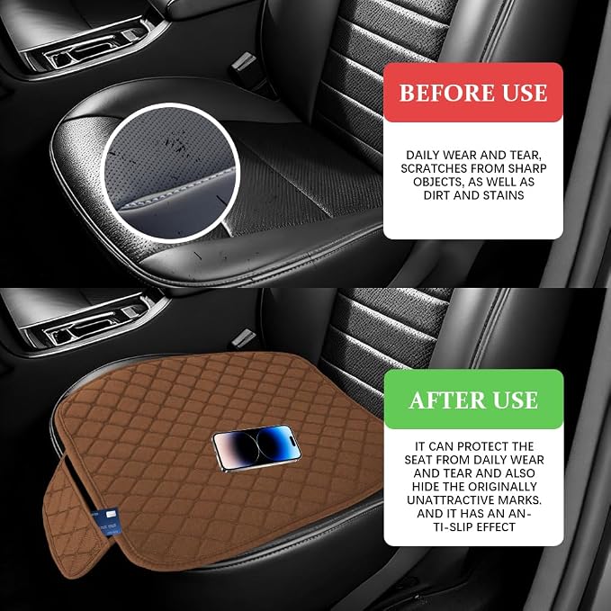 Leather Front Car Seat Cover, Anti-Slip Car Seat Bottom Covers, Full Wrapped Bottom Seat Protectors with Storage Pocket, Universal Comfortable Seat Cushion Fit Vehicles SUVs Trucks (K2-Coffee)