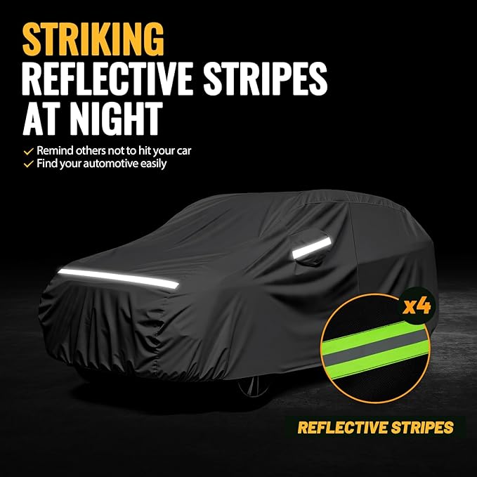 Favoto Car Cover Waterproof All Weather Windproof for SUV 188-198 Inches | UV Protection, Soft Cotton Lining, Driver Door Zipper, Reflective Strips and Storage Bag Included with Vehicle Fitment Silver