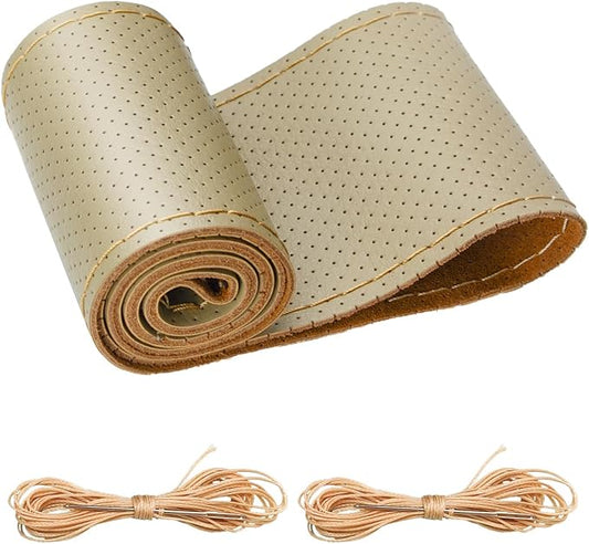 Belinous Perforated Leather Car Steering Wheel Cover (Size L4, Beige) | Stitch On Wrap, Universal fit 13-20 Inch, Whole Piece of Cowhide, DIY w/Needle Thread, Breathable Anti-Slip Design