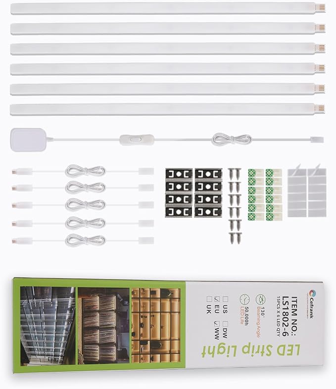 Cefrank 6-Pack 12 Inch Seamlessly Linkable LED Under Cabinet Lighting Strip Light Bars for Cabinet, Kitchen, Shelf, Workbench, Cupboard, 1200 Lumen Cold White 6000K
