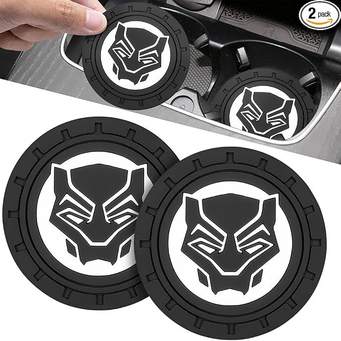 2Pcs Car Cup Holder Coasters for Black Panther Marvel Fans, Silicone Non-Slip Drink Mats, Cup Mats for Car Interior Accessories, Universal Anti-Spill Coaster Insert