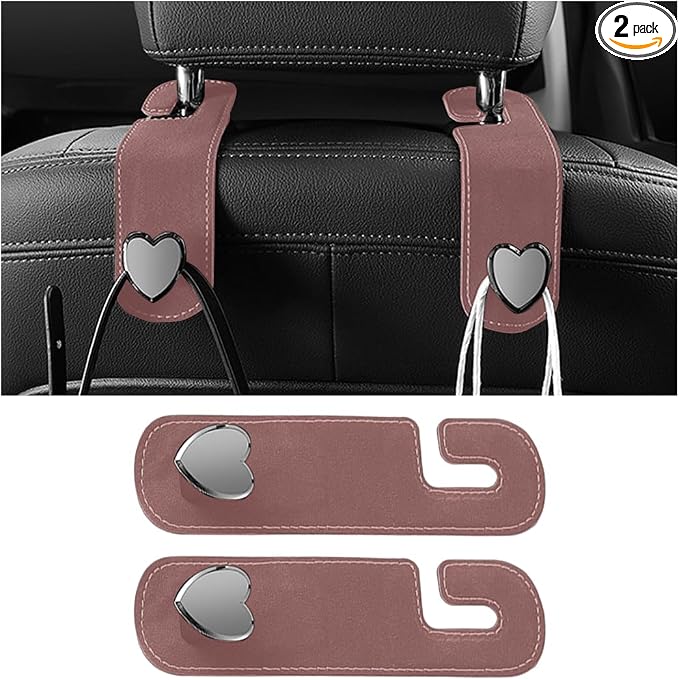 2PCS Car Seat Headrest Hook, Suede Leather Heart Hanger, Brown | 1.77x6.42 Inch, Universal fit, most Sedans/SUVs/Trucks, alloy core, half-open mount, interior accessories