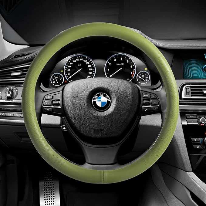 Car Steering Wheel Cover,Universal 15 Inch Premium Leather Car Steering Wheel Cover,Best Grip,Perforated Design,Breathable,Non-Slip,Sweat-Absorbent,Warm in Winter and Cool in Summer (Green)