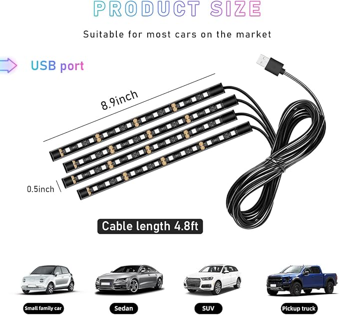 Ohleats Car LED Strip Light, 48 LED RGB Auto Interior Atmosphere Lights, Cigarette Lighter Under Dash Ambient Night Light, Interior Lamp Lighting Kit (Ice Blue, USB)