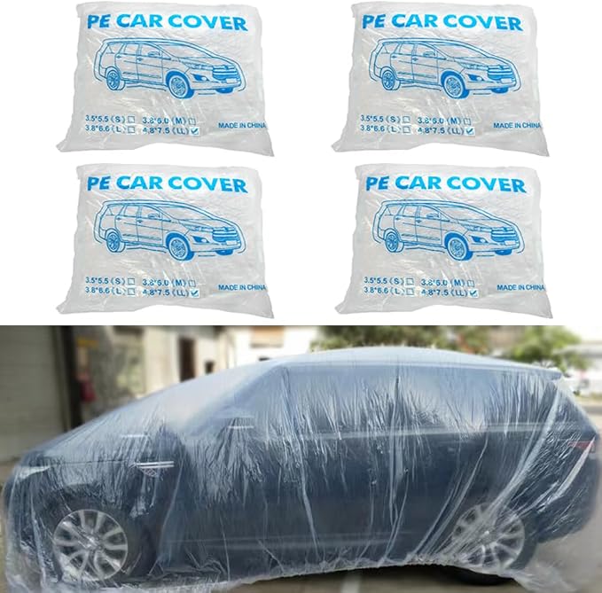 Blue 4 Packs Disposable Car Cover Clear Plastic Car Cover Universal Rain Dust Garage Cover with Elastic Band Medium (15.7FT x 24.6FT)