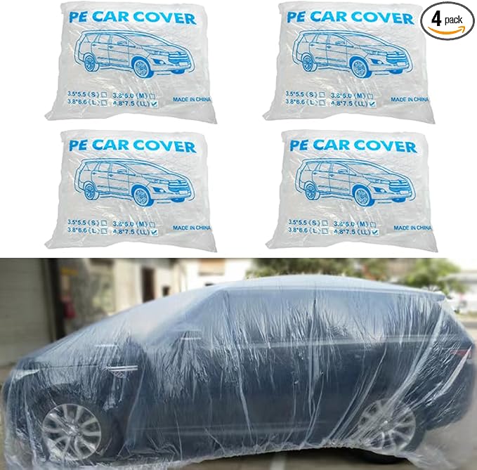 Blue 4 Packs Disposable Car Cover Clear Plastic Car Cover Universal Rain Dust Garage Cover with Elastic Band Medium (15.7FT x 24.6FT)