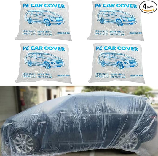 Blue 4 Packs Disposable Car Cover Clear Plastic Car Cover Universal Rain Dust Garage Cover with Elastic Band Medium (15.7FT x 24.6FT)