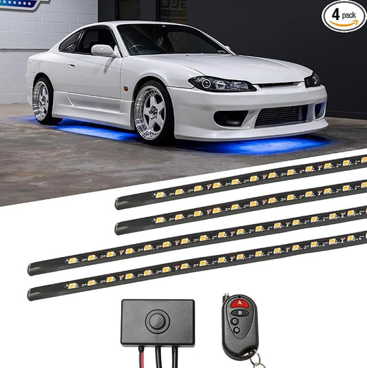 LEDGlow 4pc Blue Slimline LED Car Flexible Underglow Lighting Kit | Neon Accent Lights Include Flex Underbody Tubes, Solid Color Illumination, 4 Modes, Control Box & Remote