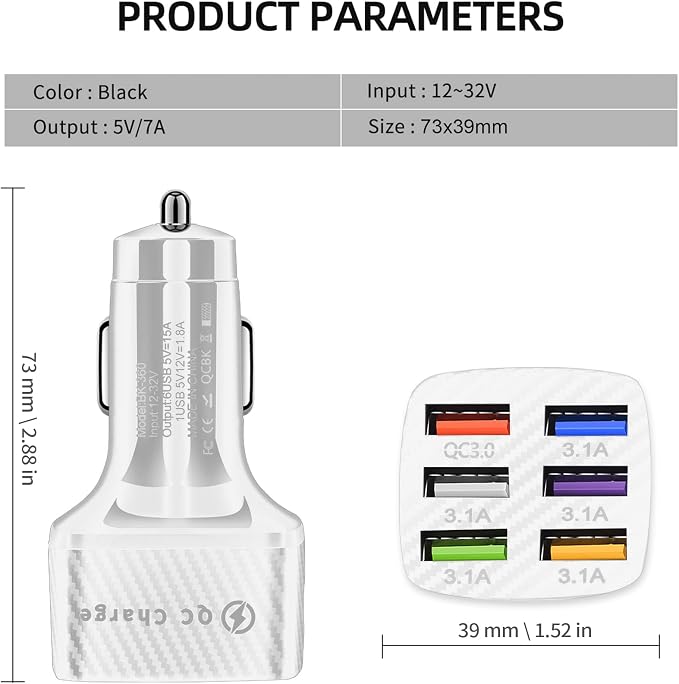 Amiss Car Charger Adapter, 6 USB Multi Port, Fast Charger, Include QC 3.0 and 5 Other Ports, Car Interior Accessories, Fit for iPhone 17/16/15/14/13Pro Max, Samsung, Android (White 2pcs)